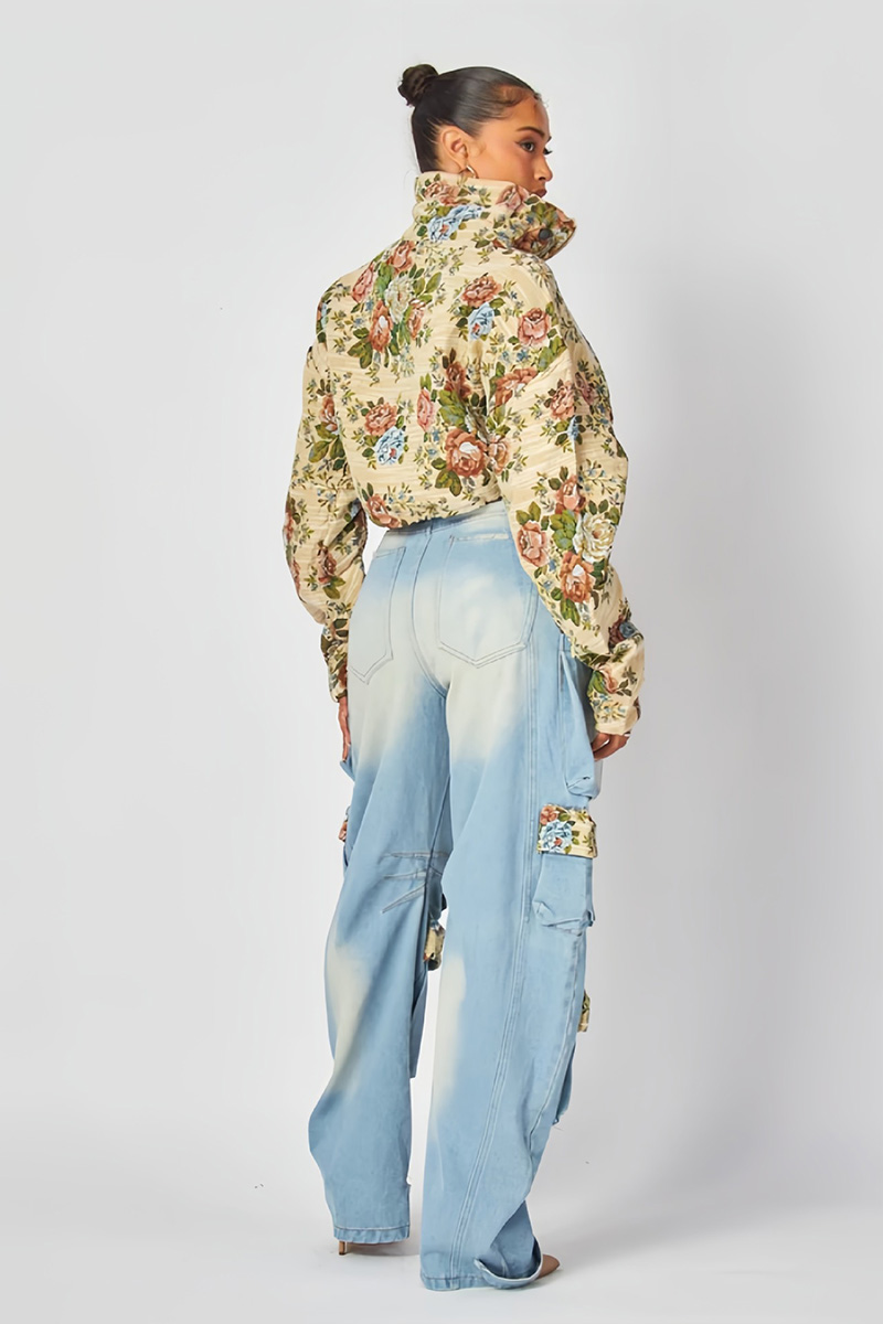 Women's Floral Embroidered Denim Cargo Jeans