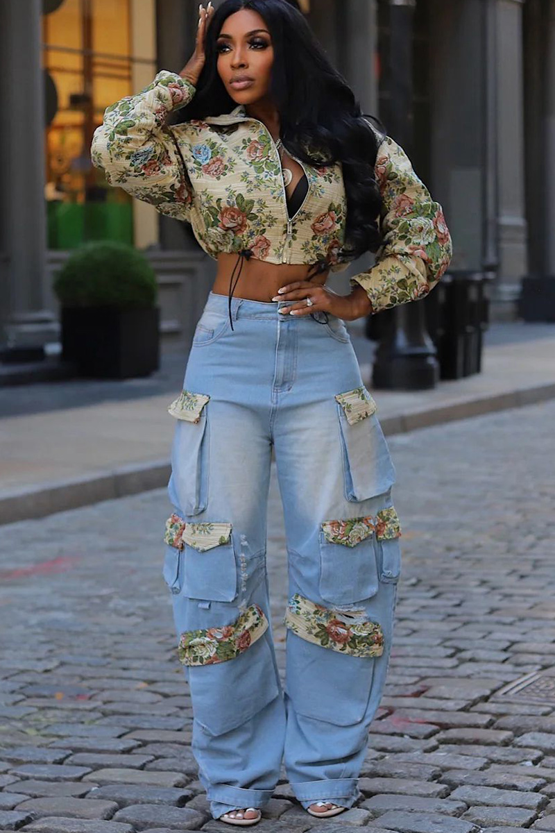 Women's Floral Embroidered Denim Cargo Jeans