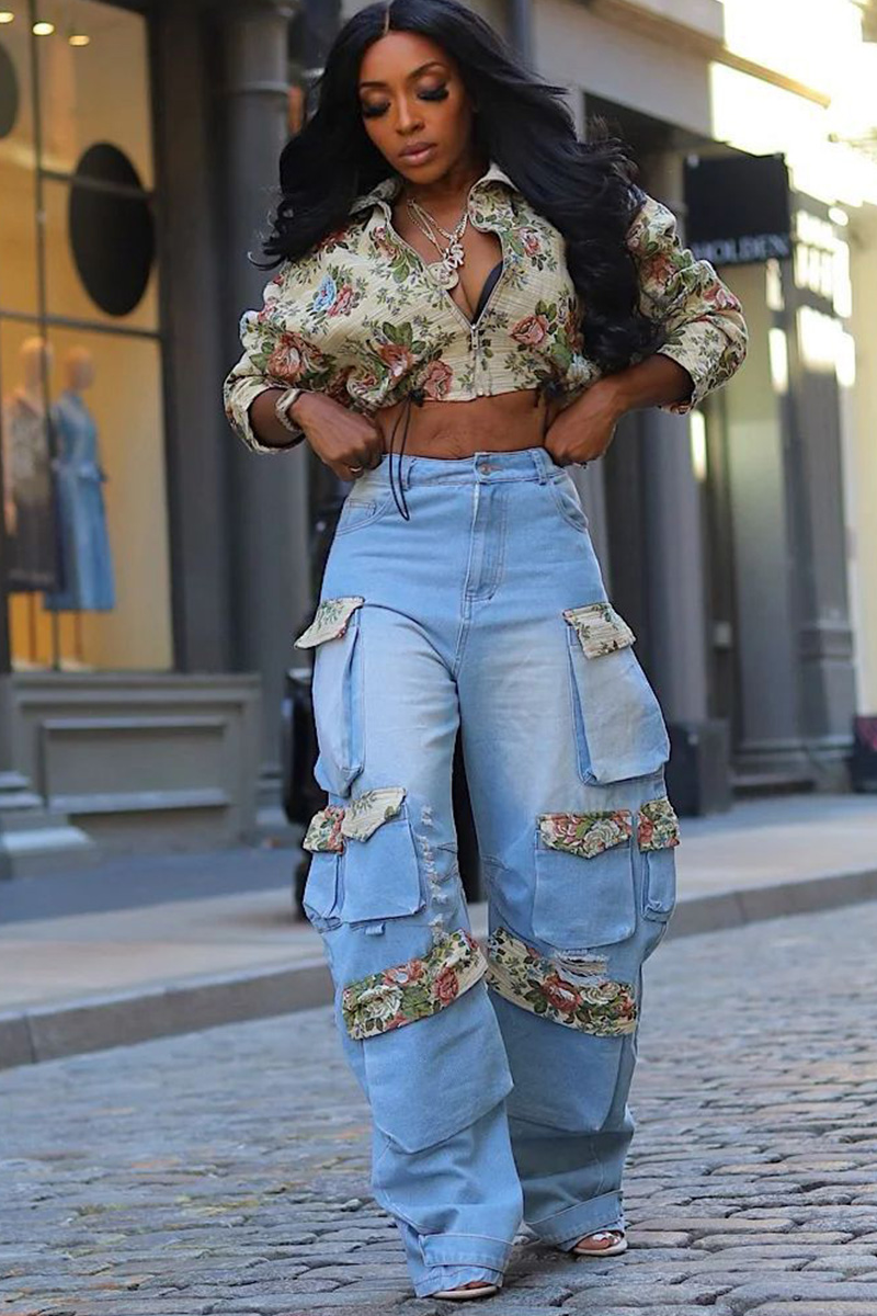 Women's Floral Embroidered Denim Cargo Jeans