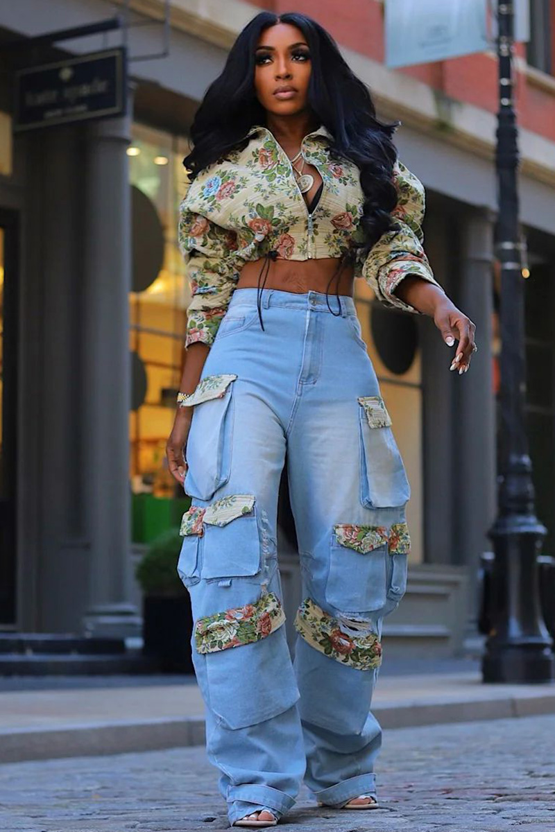 Women's Floral Embroidered Denim Cargo Jeans
