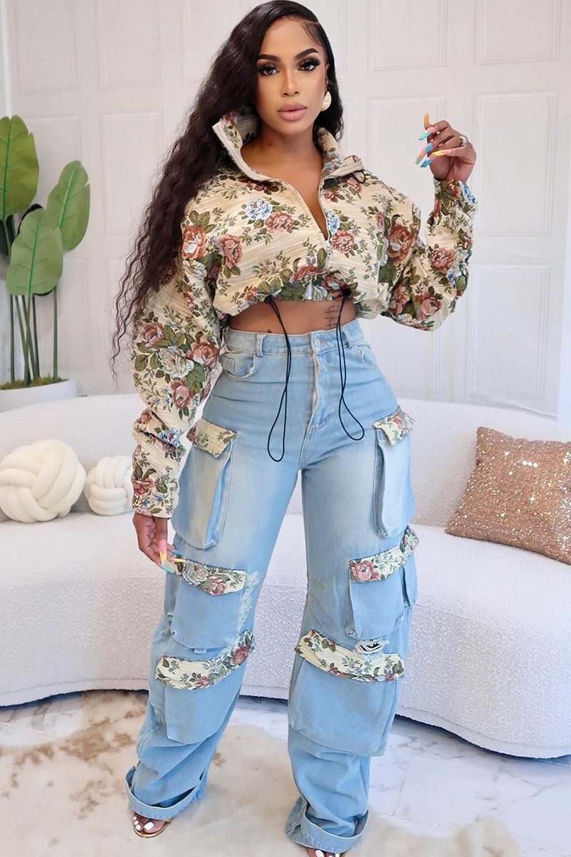 Women's Floral Embroidered Denim Cargo Jeans