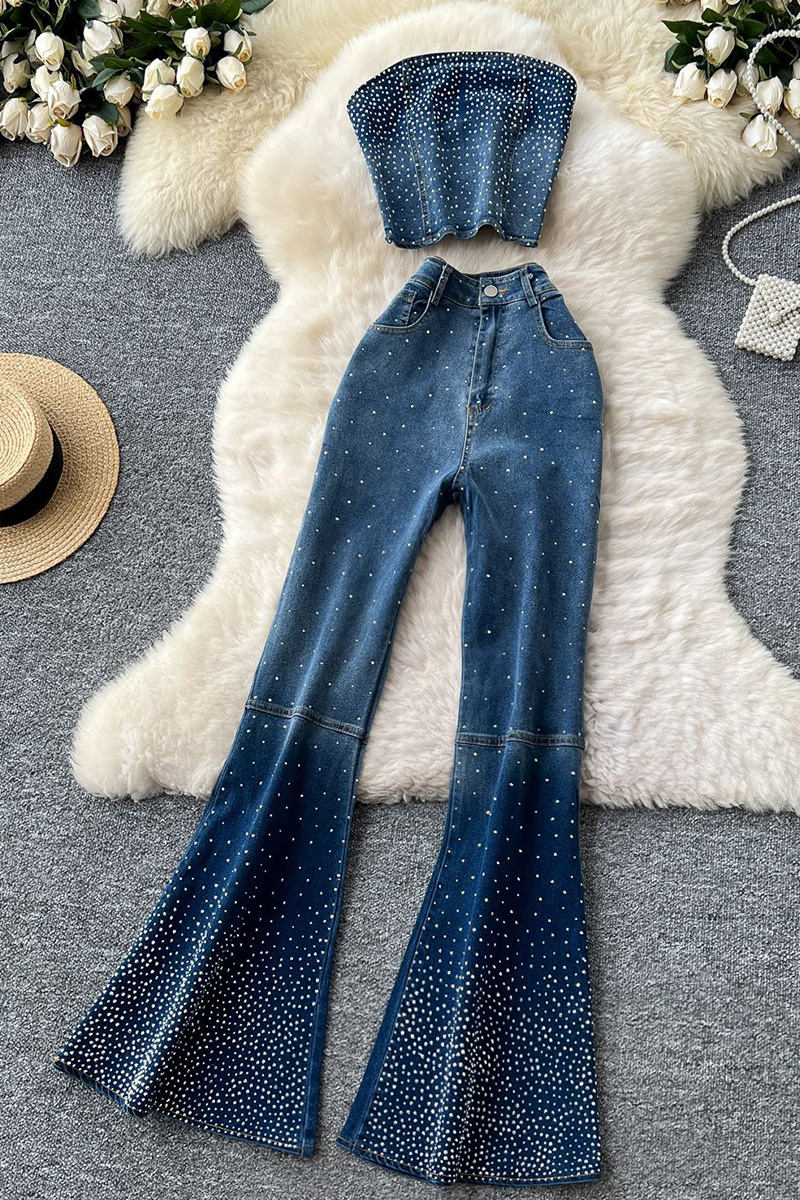 Women's Rhinestone Sleeveless Tube Top + High-Waisted Flared Jeans Denim Set