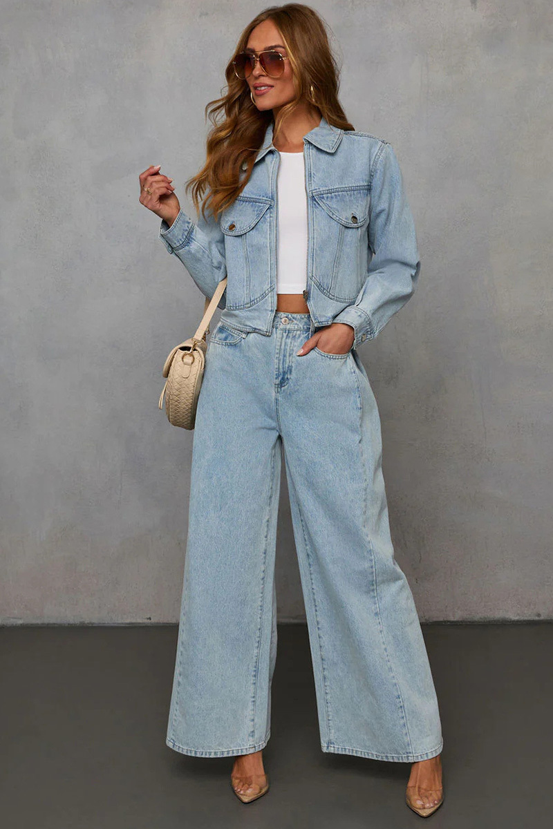 Women's Casual Loose Denim Jacket + Wide-Leg Jeans