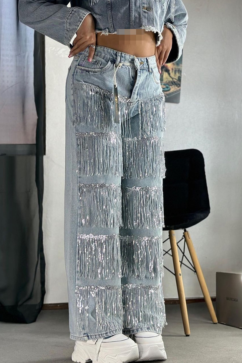 Women's Sequin Fringe Straight-Leg Jeans