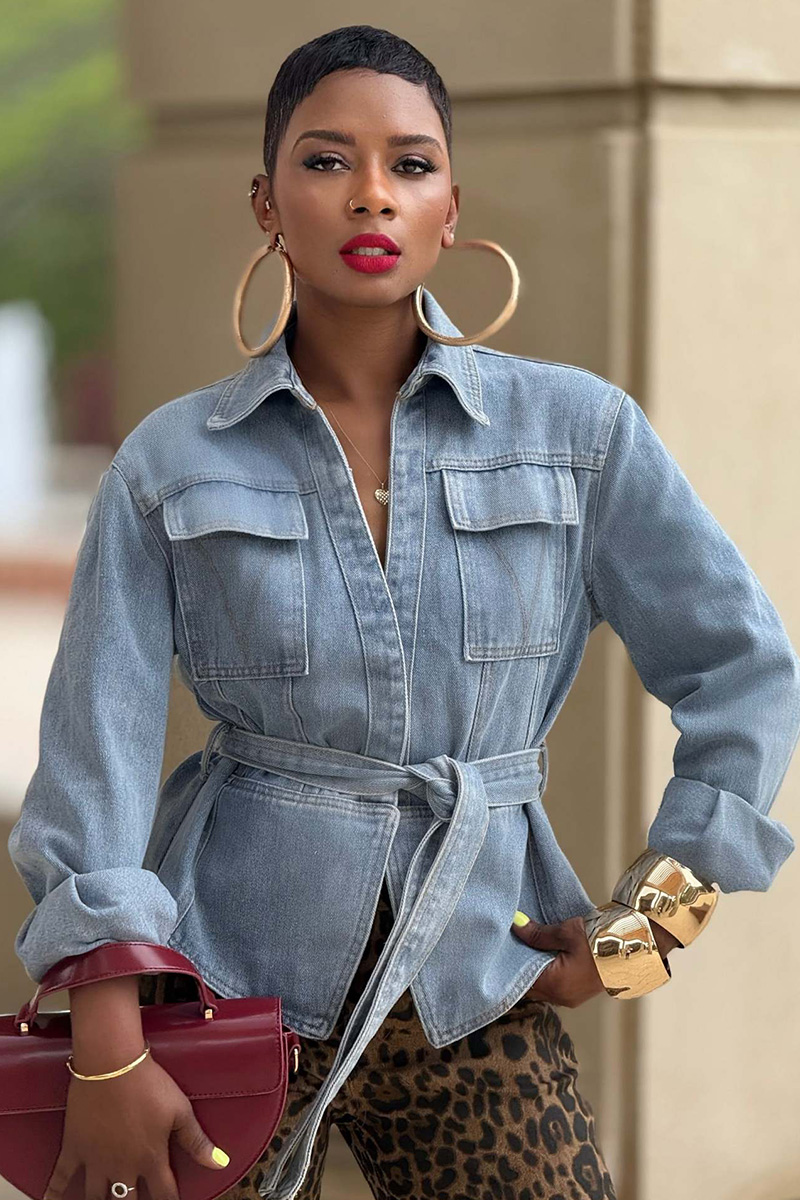 Women's Washed Waist Tie Cropped Denim Jacket