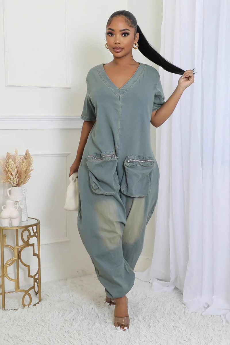 Women's Retro Fashion Large Pocket Denim Jumpsuit