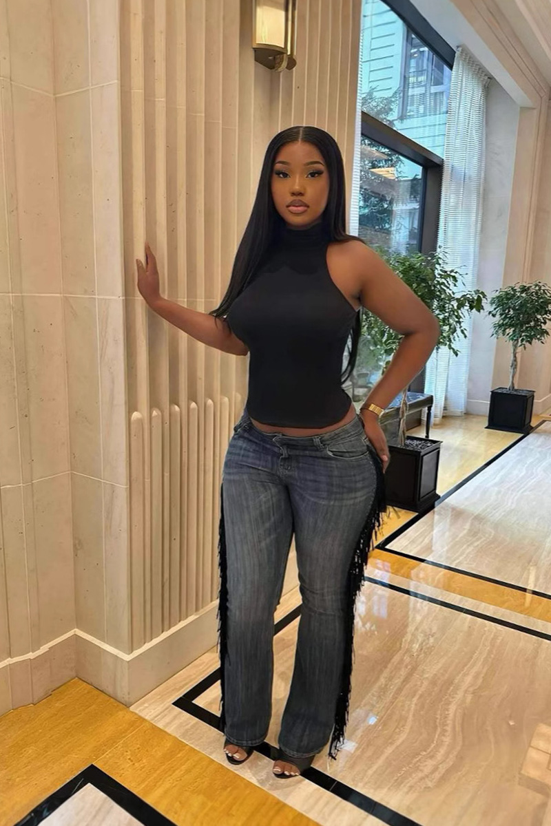 Women's Vintage Fringe Side High-Waist Jeans