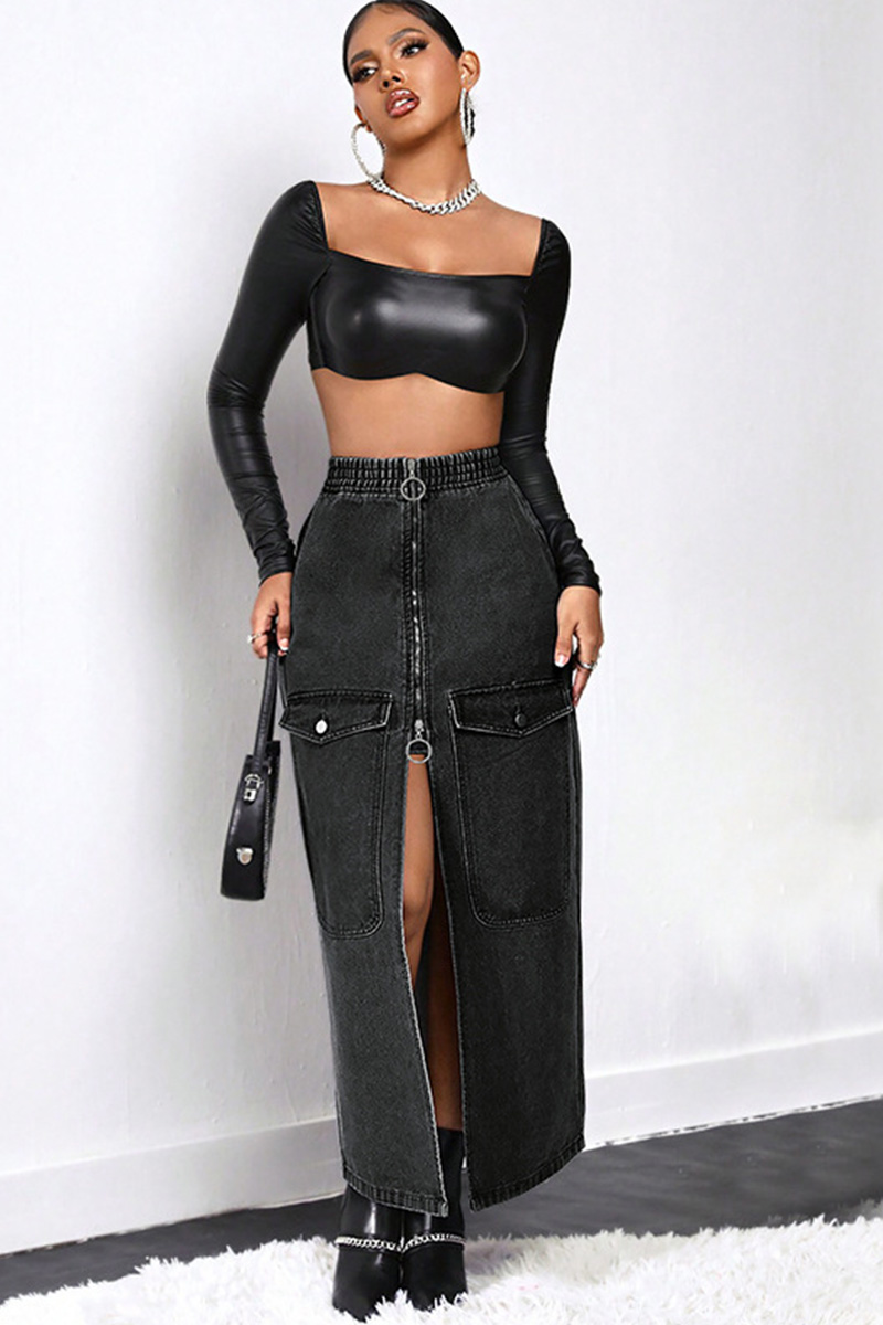 Women's Slit Pocket Denim Maxi Skirt