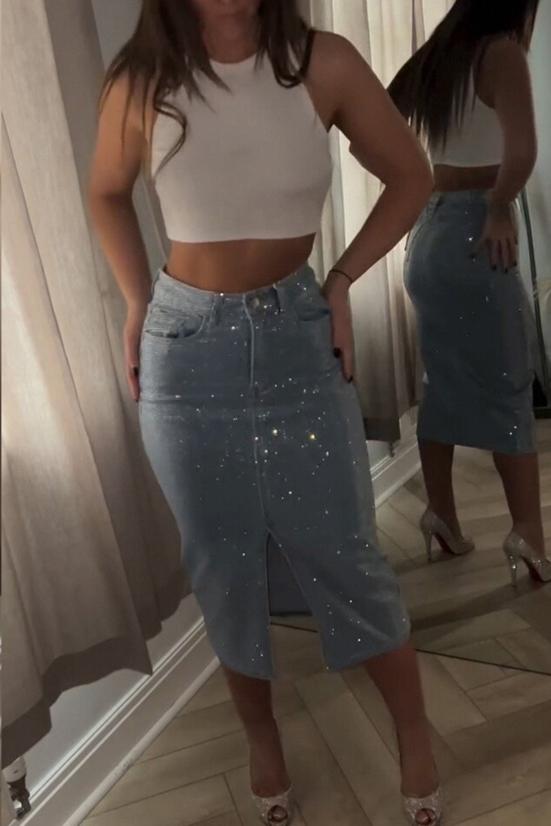 Women's slit-hem rhinestone embellished denim skirt