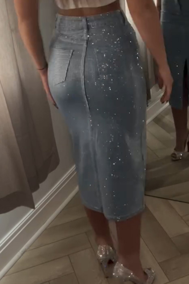 Women's slit-hem rhinestone embellished denim skirt