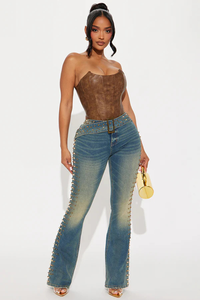 Women's vintage side crystal embellished  jeans