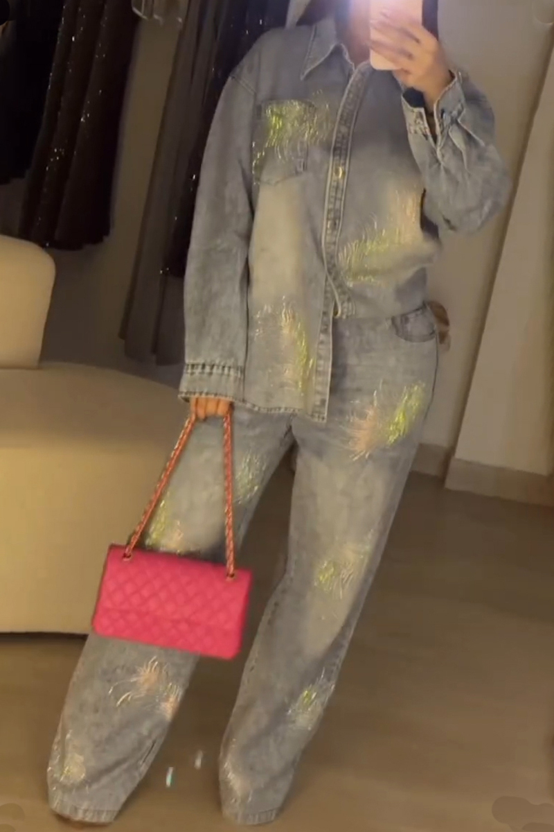 Women's Collared Denim Casual Fashion Suit with Feathers and Rhinestones