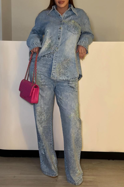 Women's Collared Denim Casual Fashion Suit with Feathers and Rhinestones