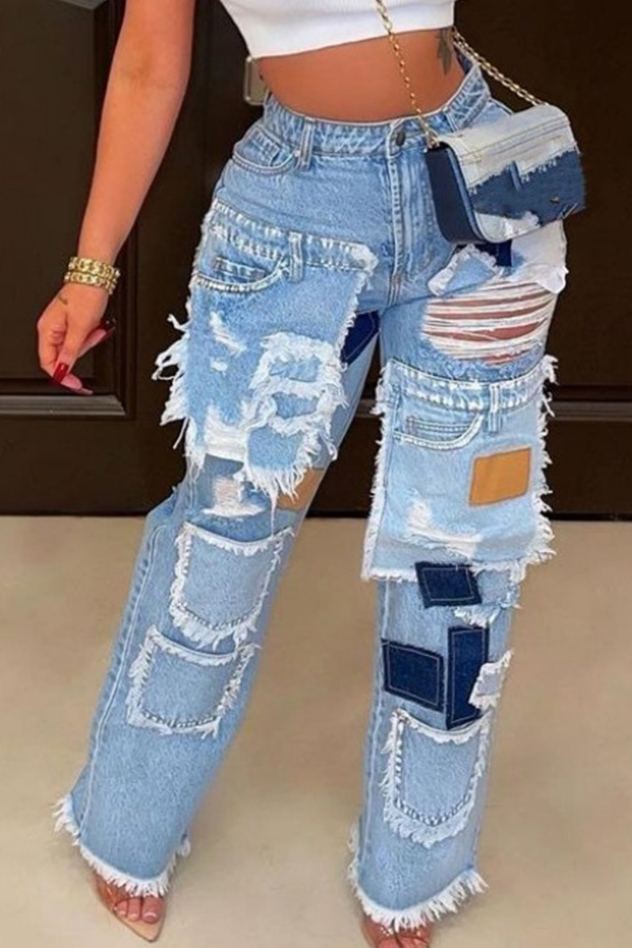 Women's Vintage Washed Distressed Patches Jeans