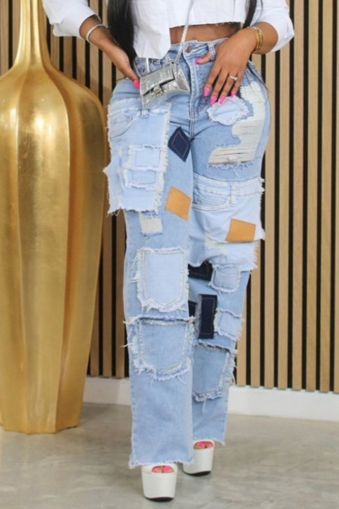 Women's Vintage Washed Distressed Patches Jeans