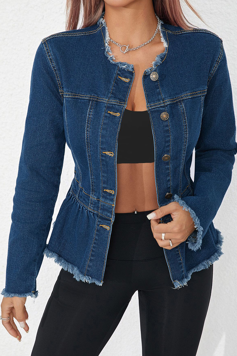 Women's Waist-Cinched Frayed Hem Denim Jacket