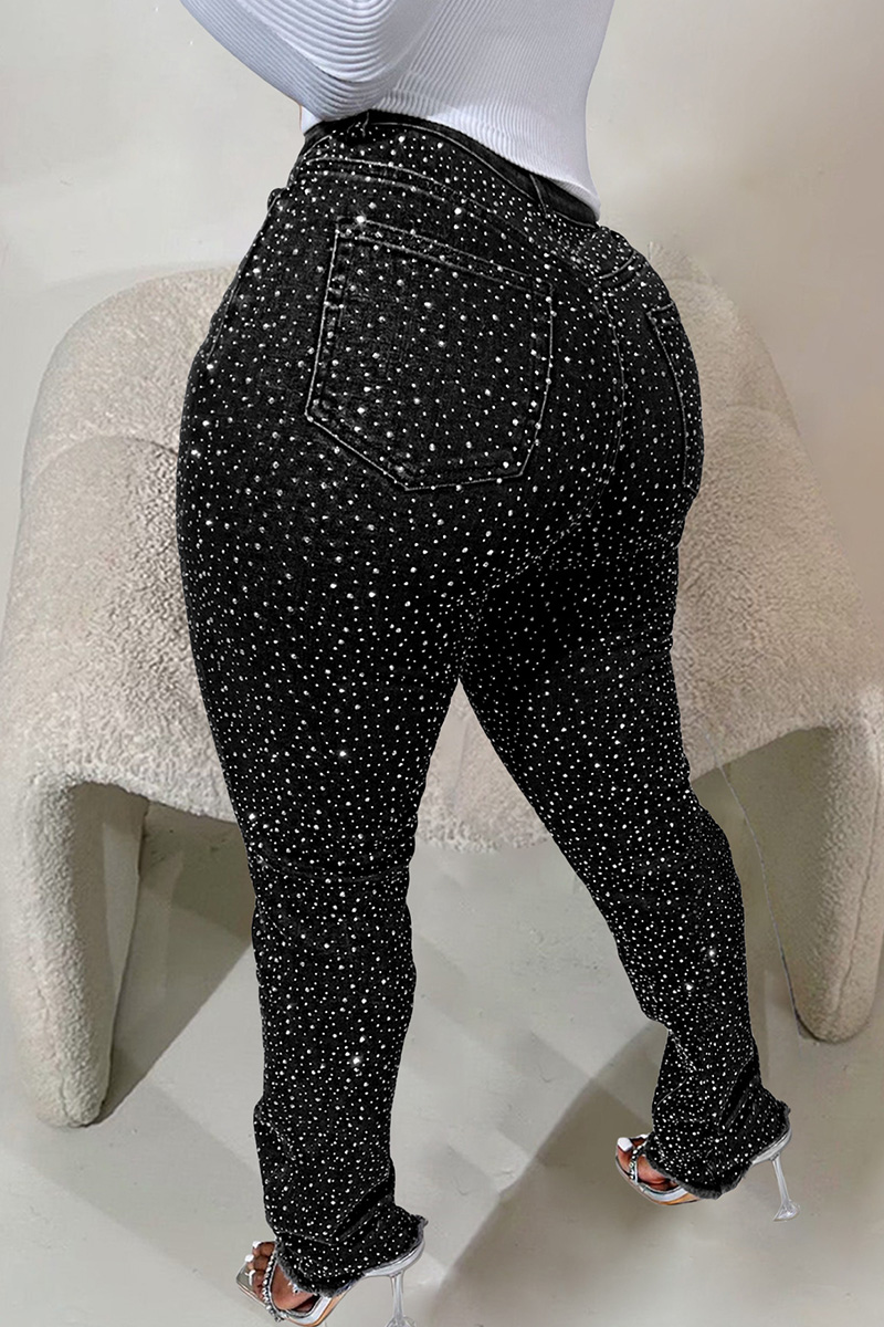 Women's Rhinestone Slim-Fit Pocket Ripped Jeans