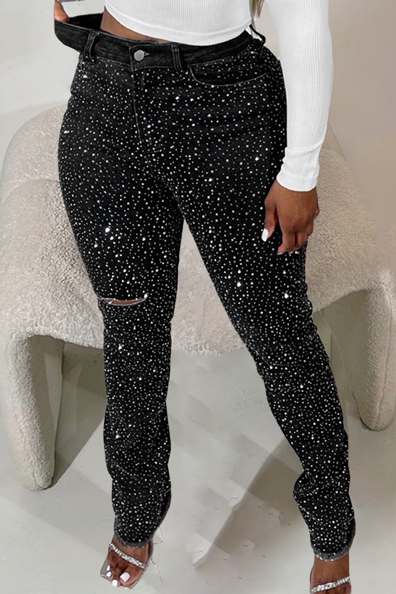 Women's Rhinestone Slim-Fit Pocket Ripped Jeans