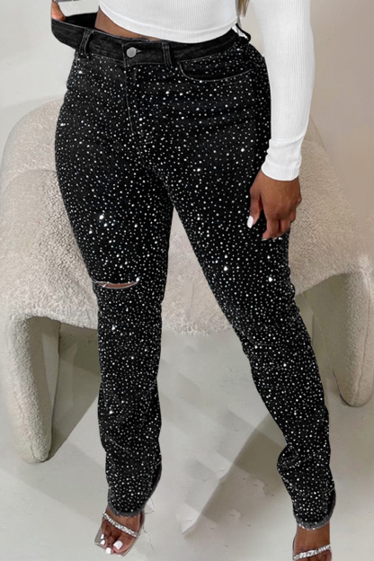 Women's Rhinestone Slim-Fit Pocket Ripped Jeans
