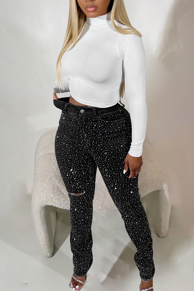 Women's Rhinestone Slim-Fit Pocket Ripped Jeans