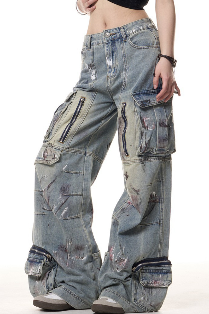 Women's Vintage Graffiti Multi-Pocket Wide-Leg Jeans