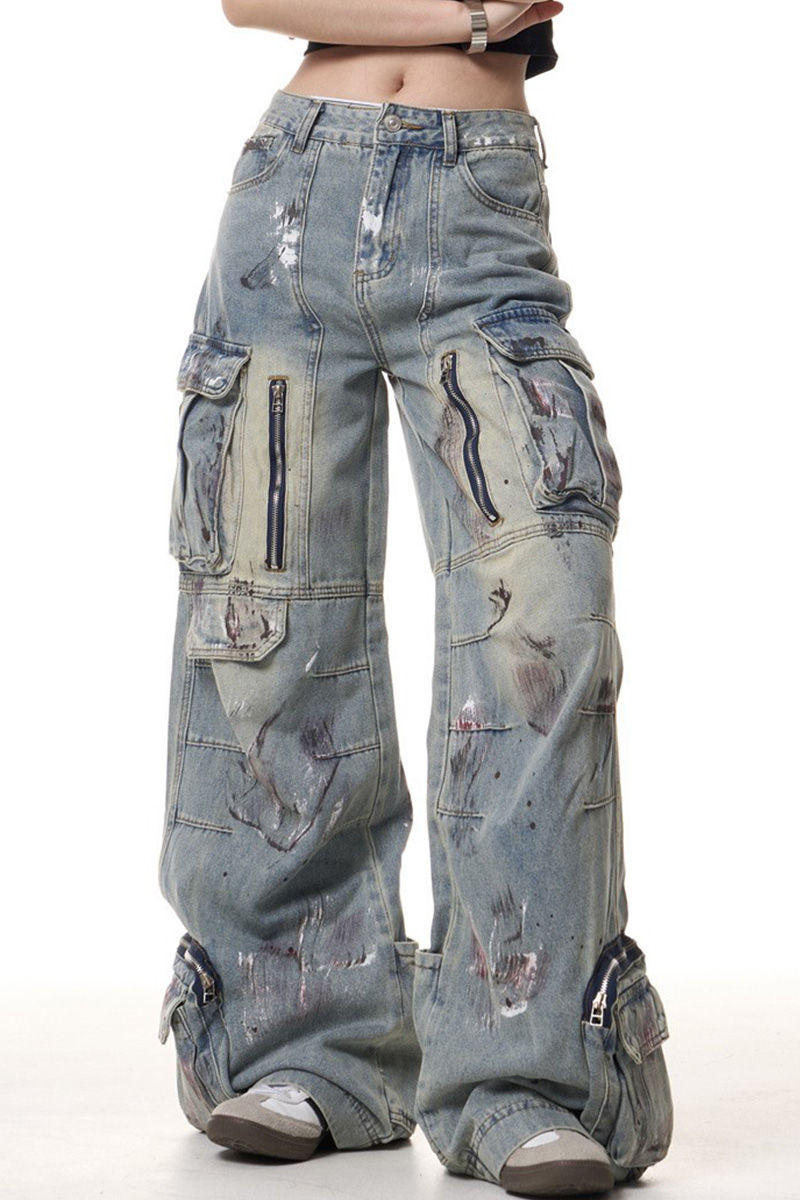 Women's Vintage Graffiti Multi-Pocket Wide-Leg Jeans