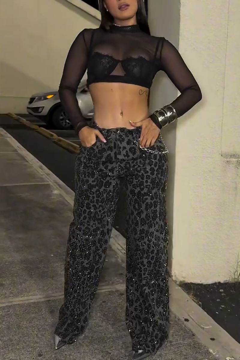 Lady's Leopard Print Rhinestone Jeans