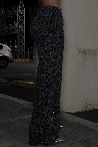 Lady's Leopard Print Rhinestone Jeans