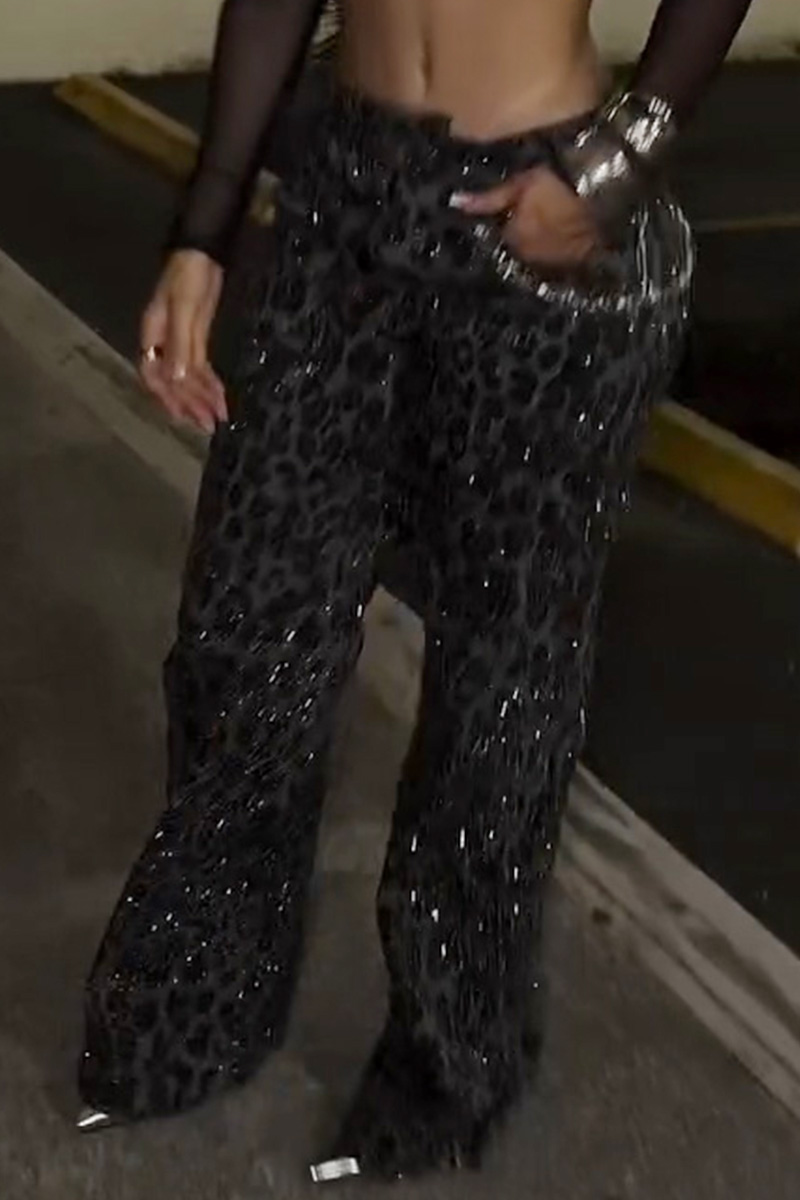 Lady's Leopard Print Rhinestone Jeans