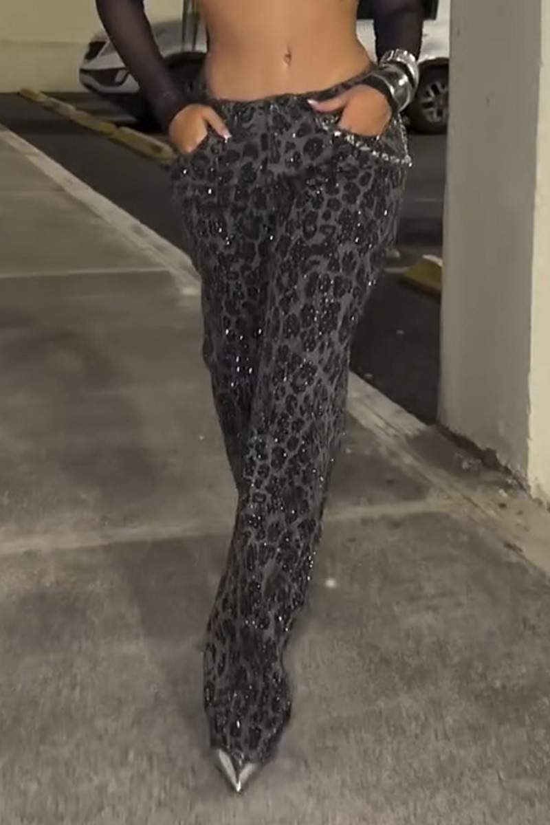 Lady's Leopard Print Rhinestone Jeans