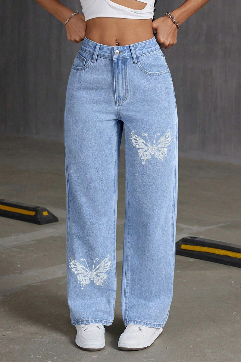 Women's  Rhinestone Butterfly Design Jeans