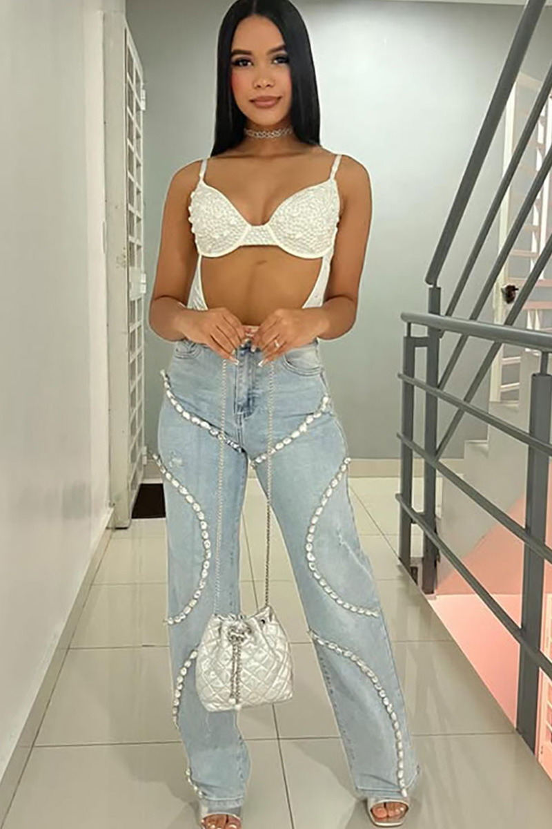 Ladies's Stylish Rhinestone Patchwork Straight-Leg Jeans