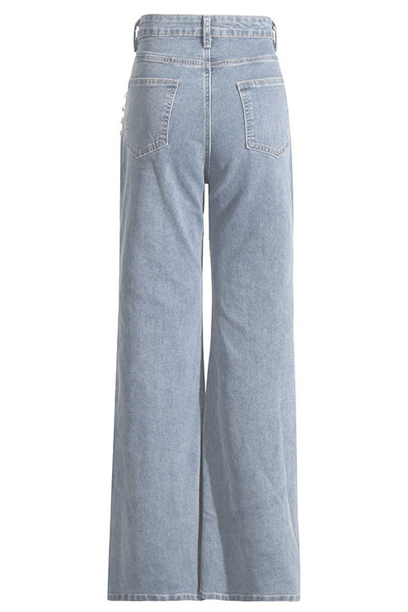 Ladies's Stylish Rhinestone Patchwork Straight-Leg Jeans