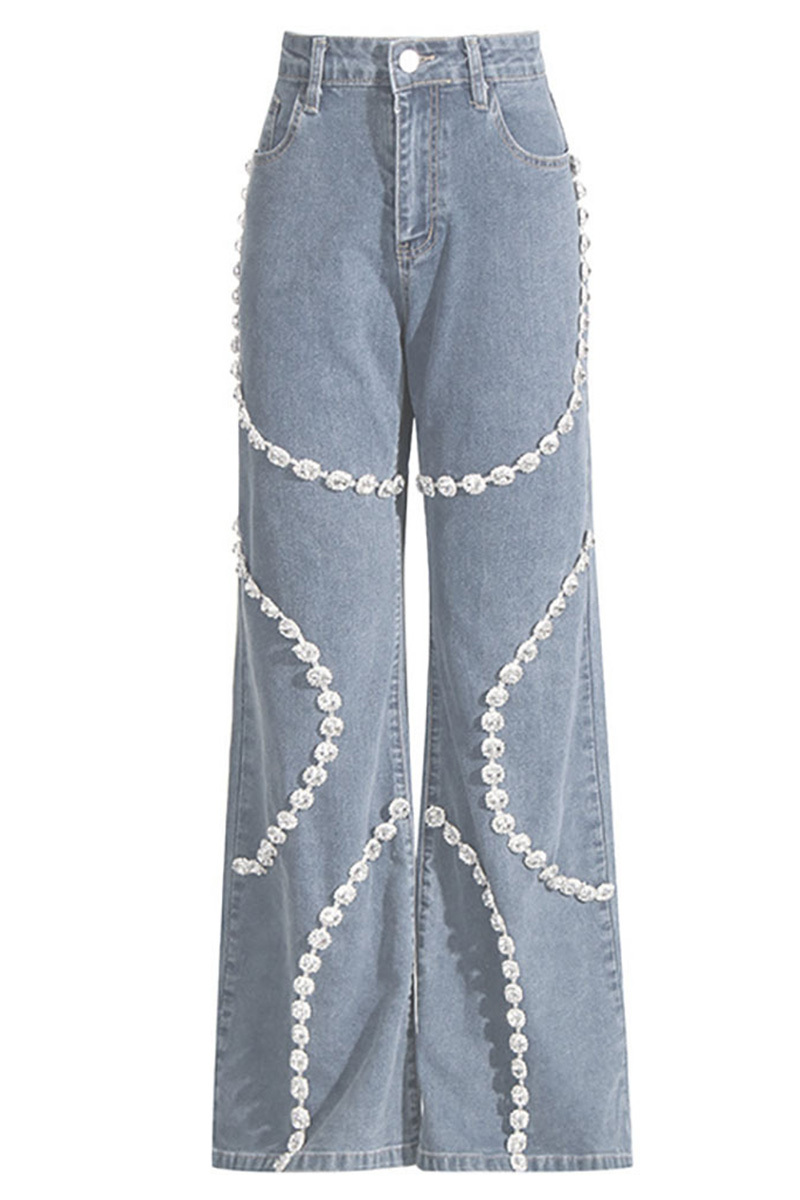 Ladies's Stylish Rhinestone Patchwork Straight-Leg Jeans
