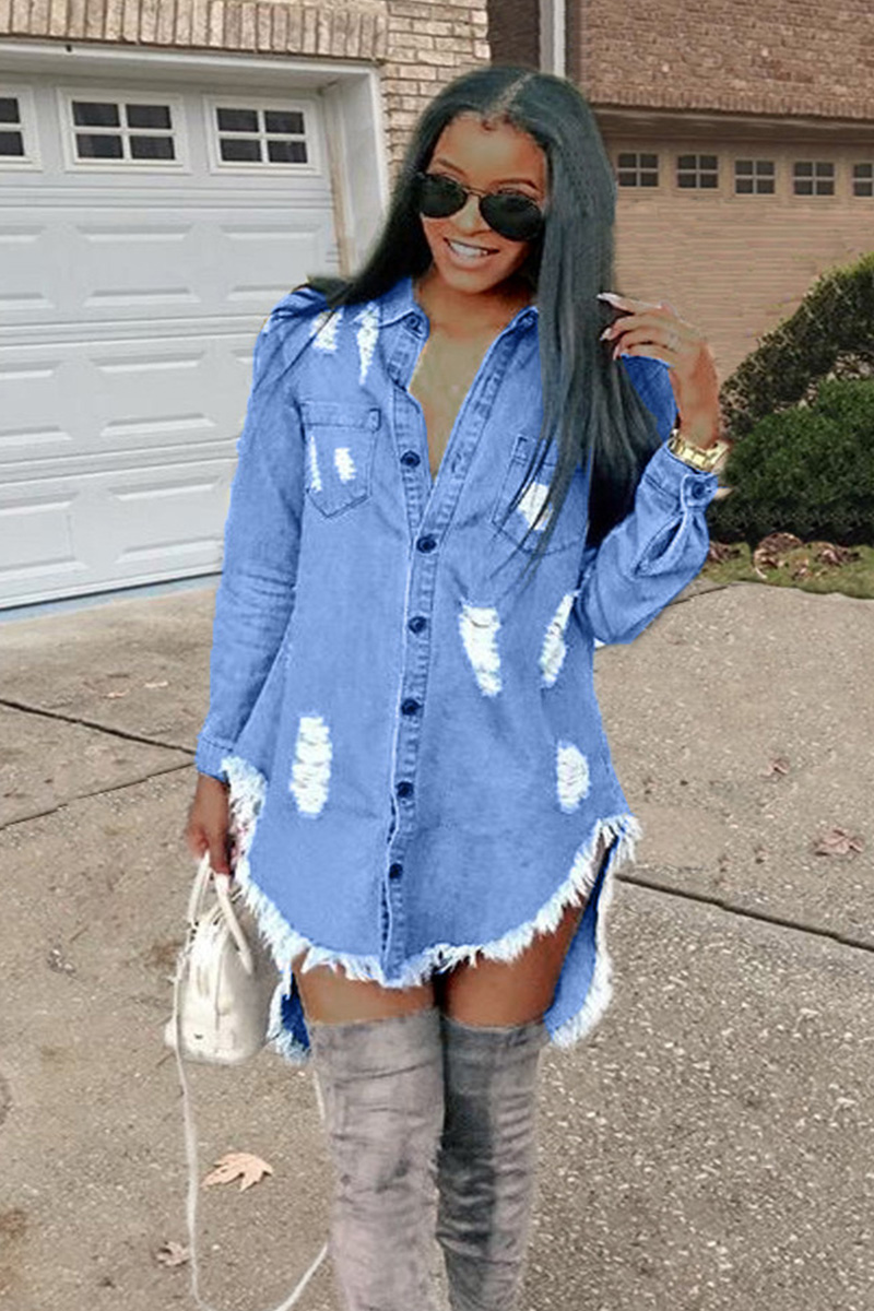 Ladies' Raw Hem Asymmetrical Denim Bodysuit