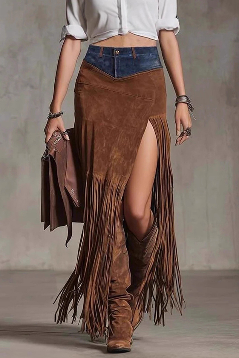 Ladies Fringed Patchwork Denim Hem Irregular Suede Skirt