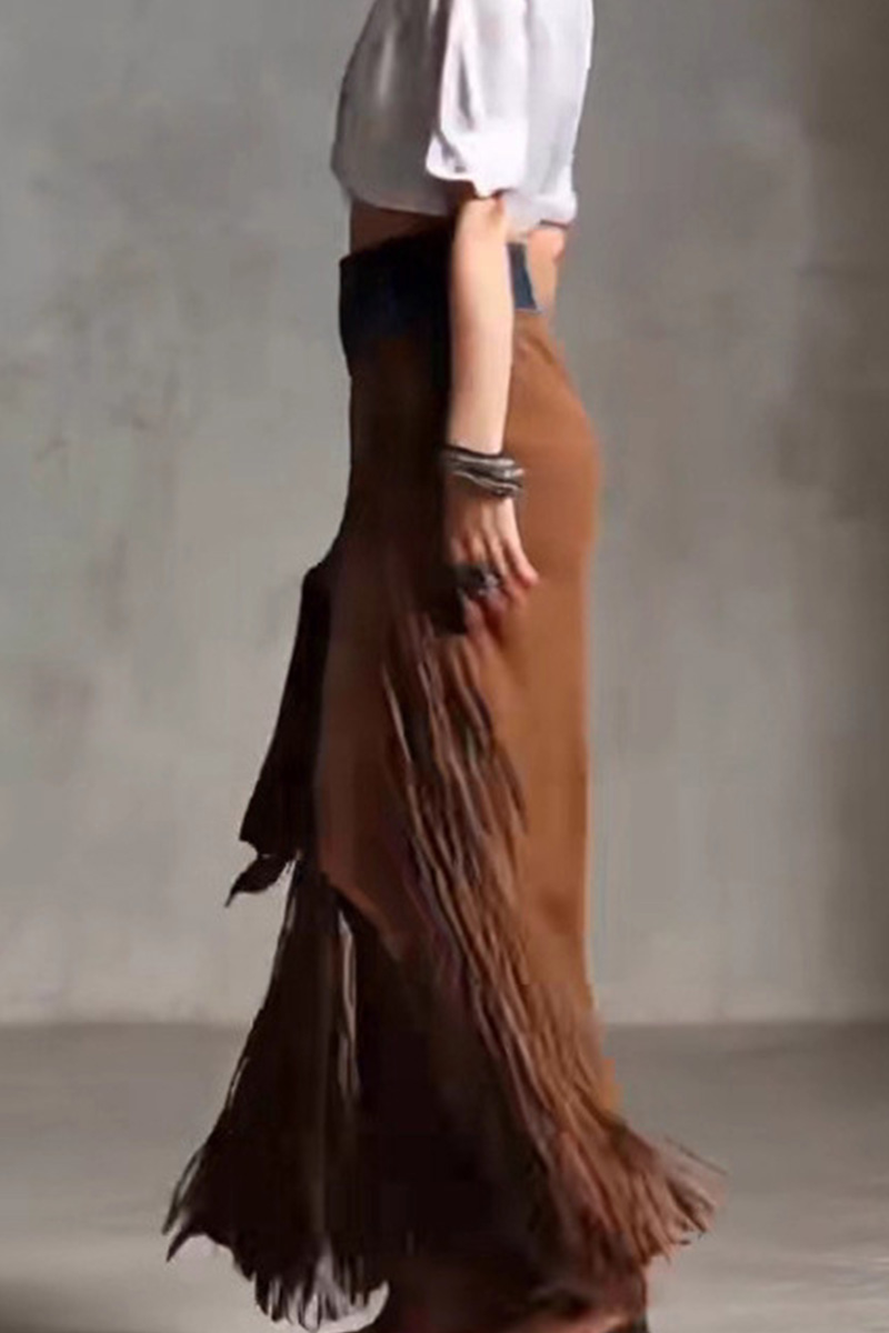 Ladies Fringed Patchwork Denim Hem Irregular Suede Skirt
