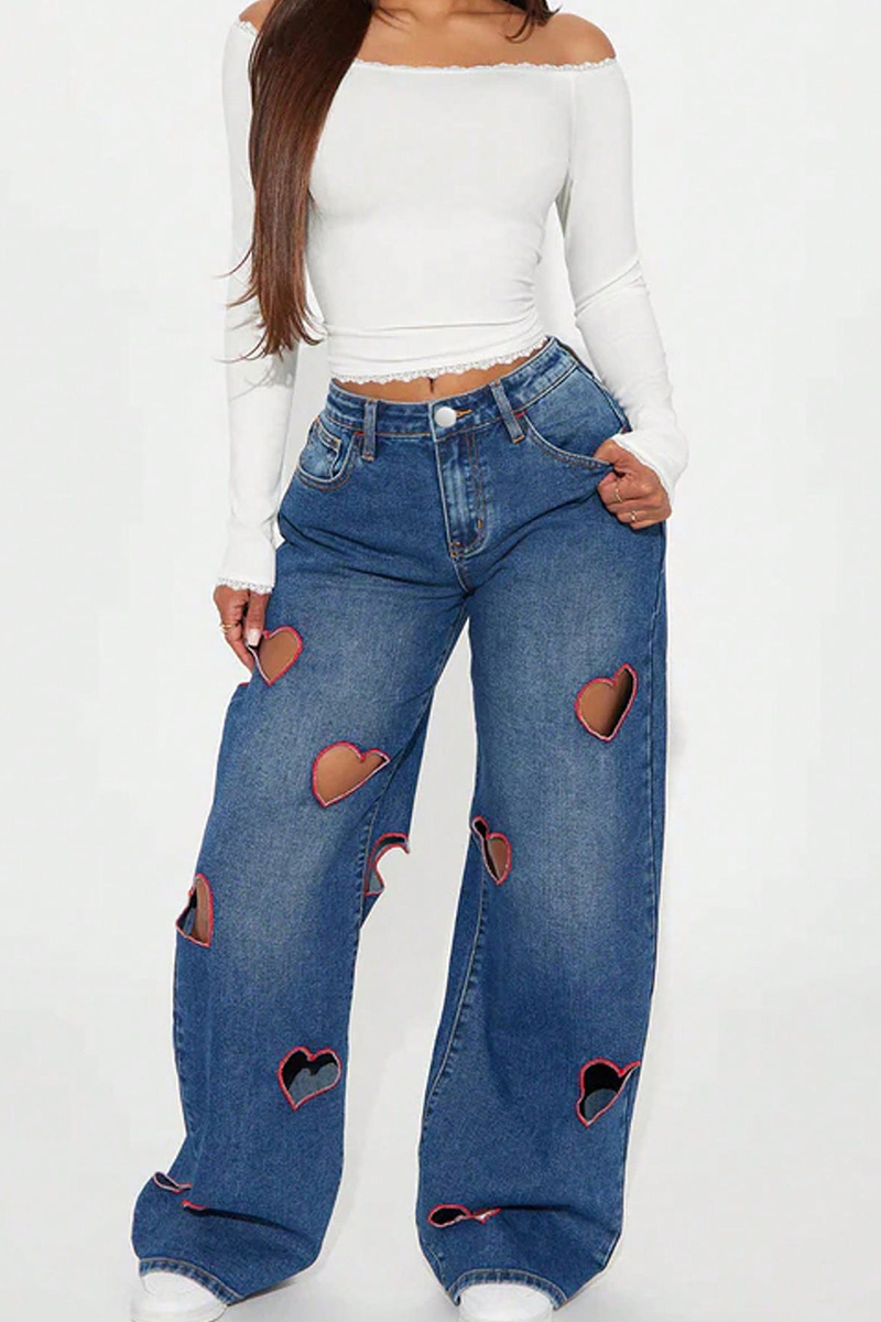Women's Hollow-Out Heart Embroidery Jeans