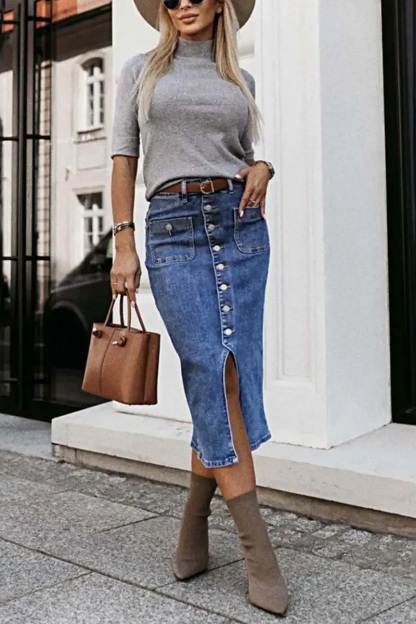 Ladies Button-Down Midi Denim Skirt