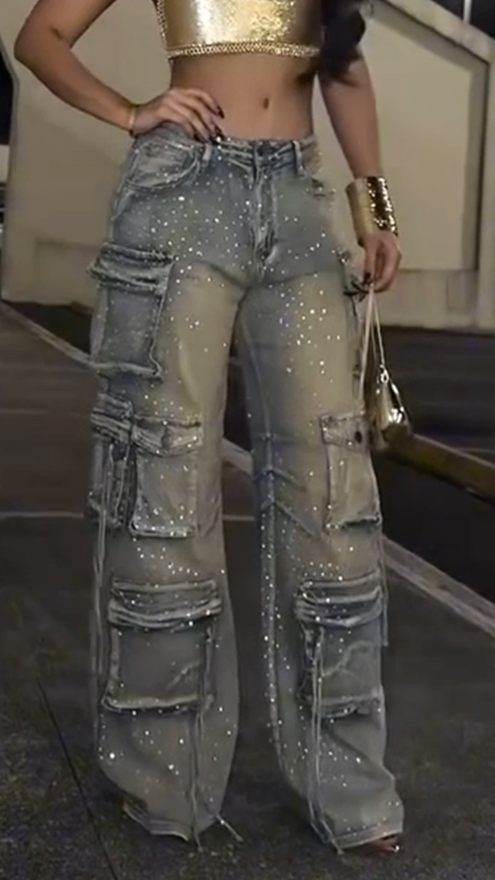 Women's Multi-pocket Cargo Jeans with Rhinestone Embellishments