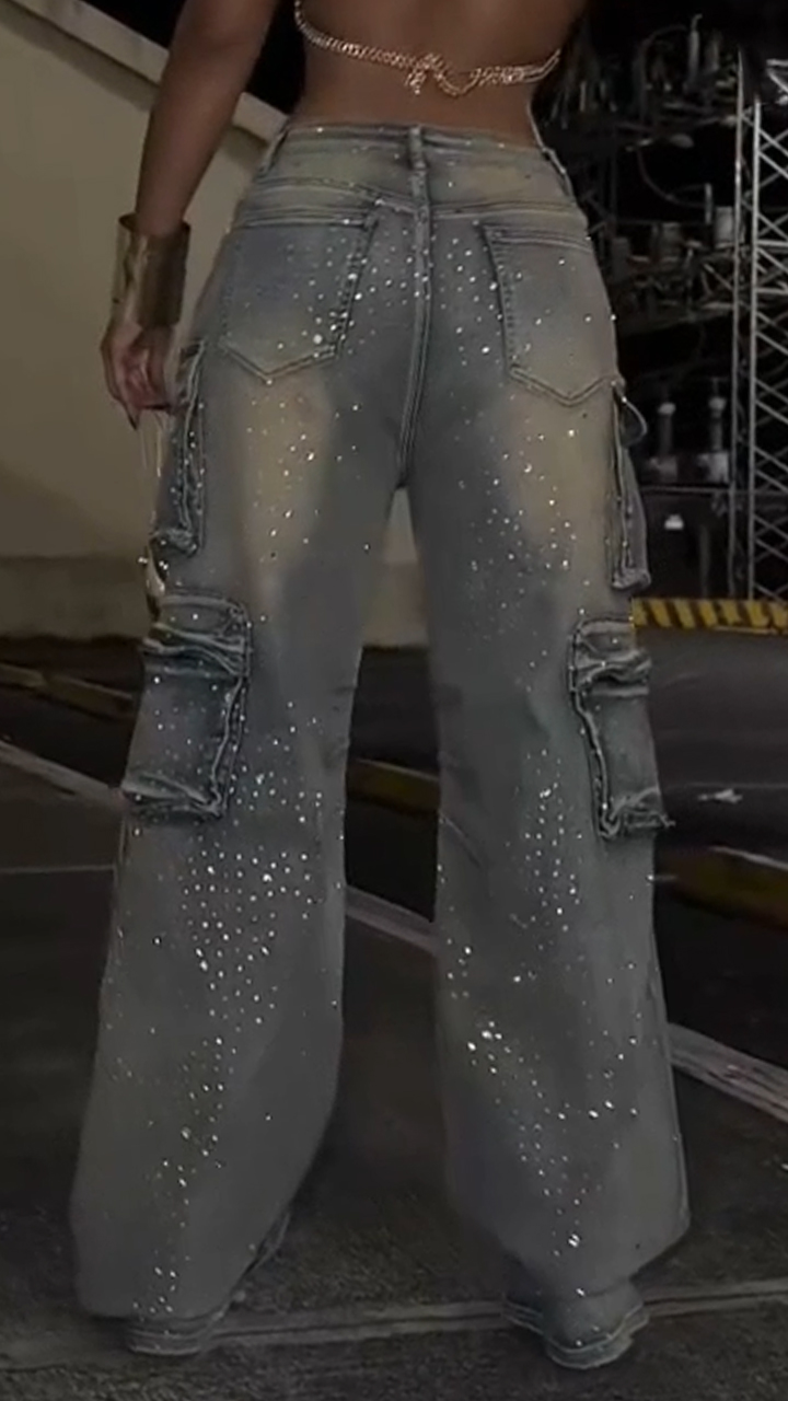 Women's Multi-pocket Cargo Jeans with Rhinestone Embellishments