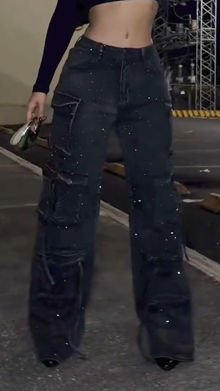 Women's Multi-pocket Cargo Jeans with Rhinestone Embellishments