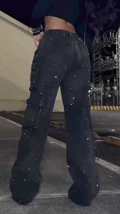 Women's Multi-pocket Cargo Jeans with Rhinestone Embellishments
