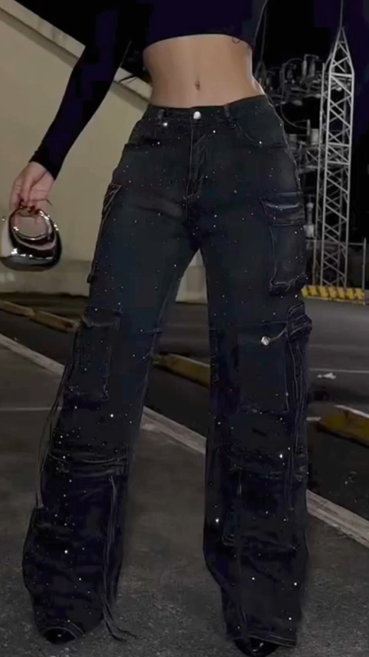 Women's Multi-pocket Cargo Jeans with Rhinestone Embellishments