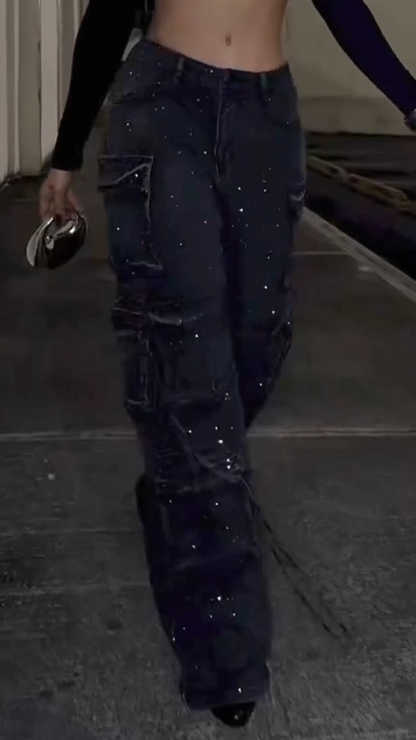 Women's Multi-pocket Cargo Jeans with Rhinestone Embellishments
