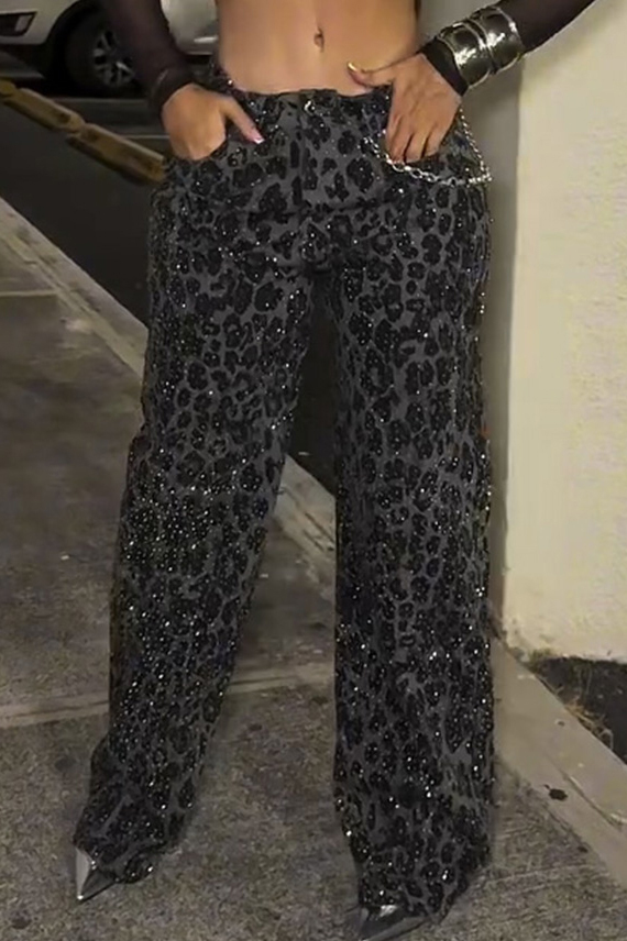 Lady's Leopard Print Rhinestone Jeans