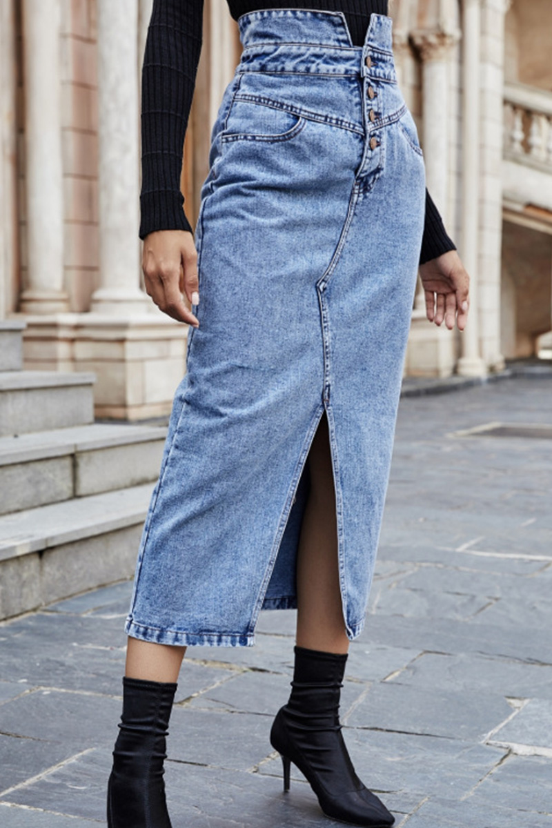 Ladies' High-Waisted Slit Slimming Denim Pencil Skirt