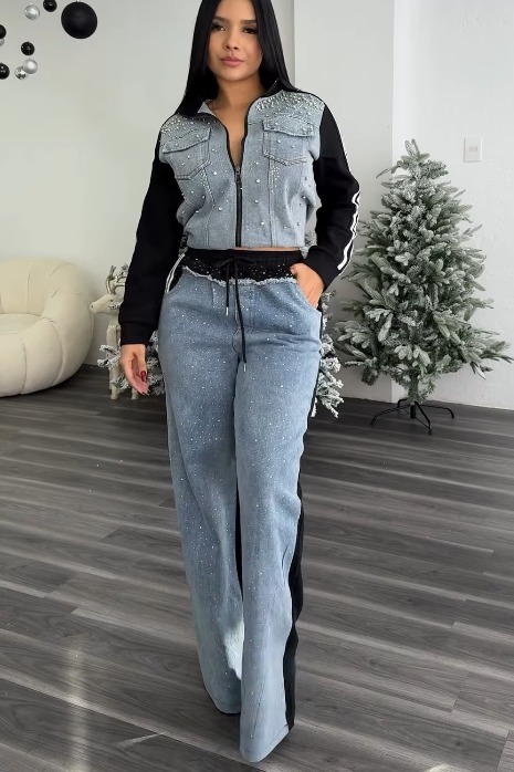 Ladies' Glamorous Color-Block Jacket + Crystal Jeans