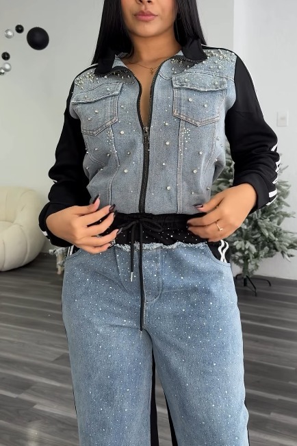 Ladies' Glamorous Color-Block Jacket + Crystal Jeans