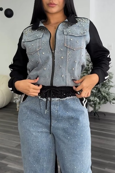 Ladies' Glamorous Color-Block Jacket + Crystal Jeans